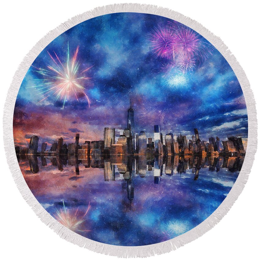 City Round Beach Towel featuring the photograph New York Fireworks by Ian Mitchell