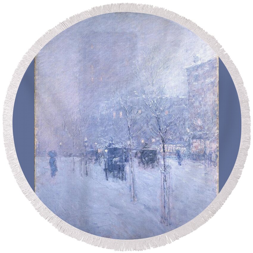 Frederick Childe Hassam (american Round Beach Towel featuring the painting New York Winter by MotionAge Designs