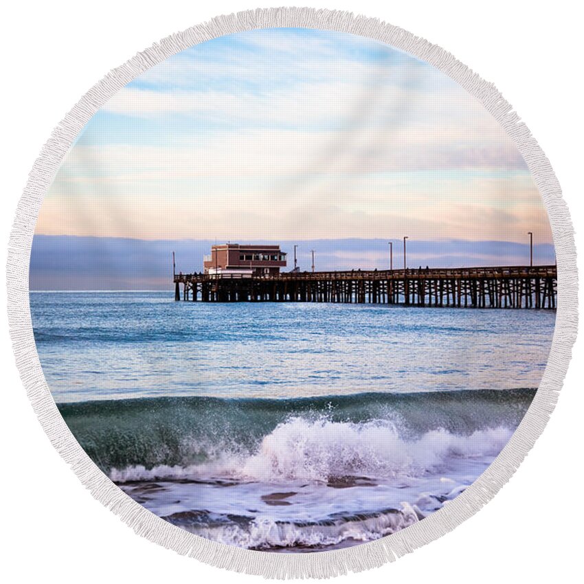 Balboa Peninsula Round Beach Towel featuring the photograph Newport Beach CA Pier at Sunrise by Paul Velgos