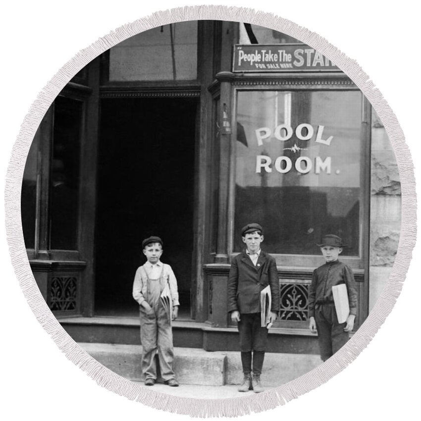 Pool Hall Round Beach Towel featuring the photograph Newsies Outside A Pool Room - St. Louis - 1910 by War Is Hell Store