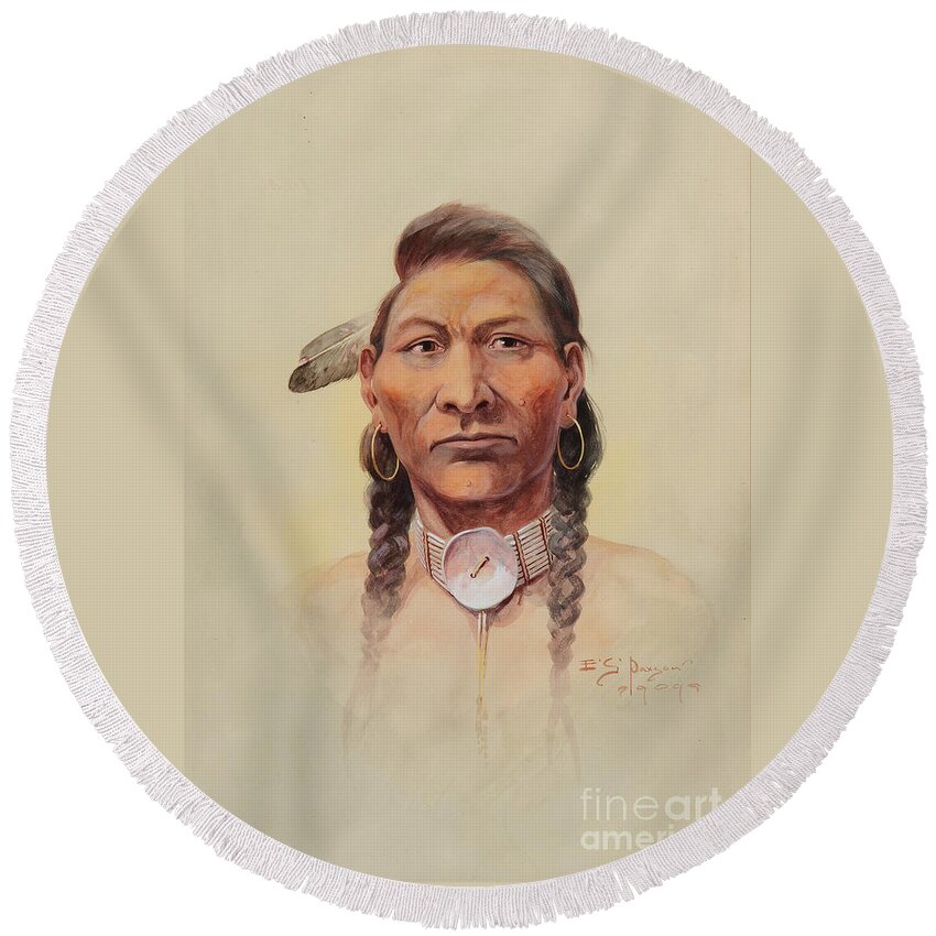 Edgar S. Paxson (1852-1919) Nez Perce (1909) - Watercolor On Paper Round Beach Towel featuring the painting Nez Perce by Celestial Images