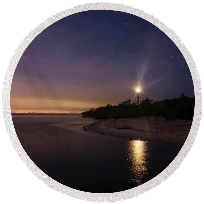 Sanibel Island Round Beach Towel featuring the photograph Night At The Sanibel Lighthouse by Greg and Chrystal Mimbs