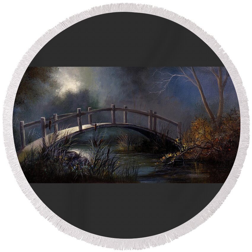 Lynne Pittard Round Beach Towel featuring the painting Moonlit Bridge by Lynne Pittard