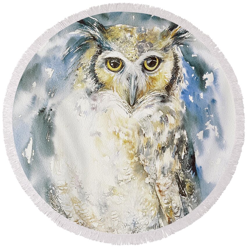 Owl Round Beach Towel featuring the painting Night Owl by Arti Chauhan
