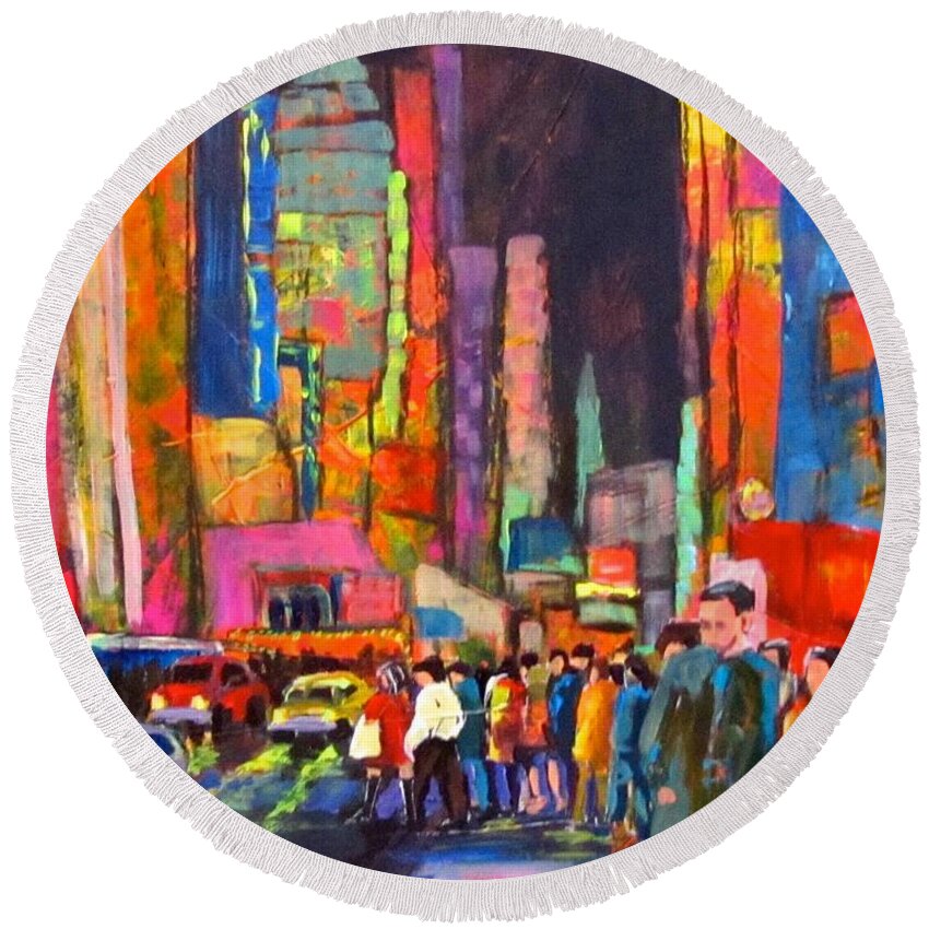 Night Round Beach Towel featuring the painting Night Street in Theater District by Barbara O'Toole