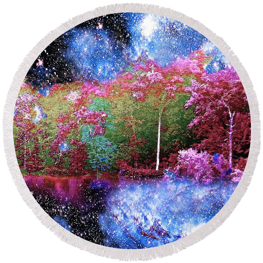 Night Round Beach Towel featuring the painting Night Trees Starry Lake by Saundra Myles
