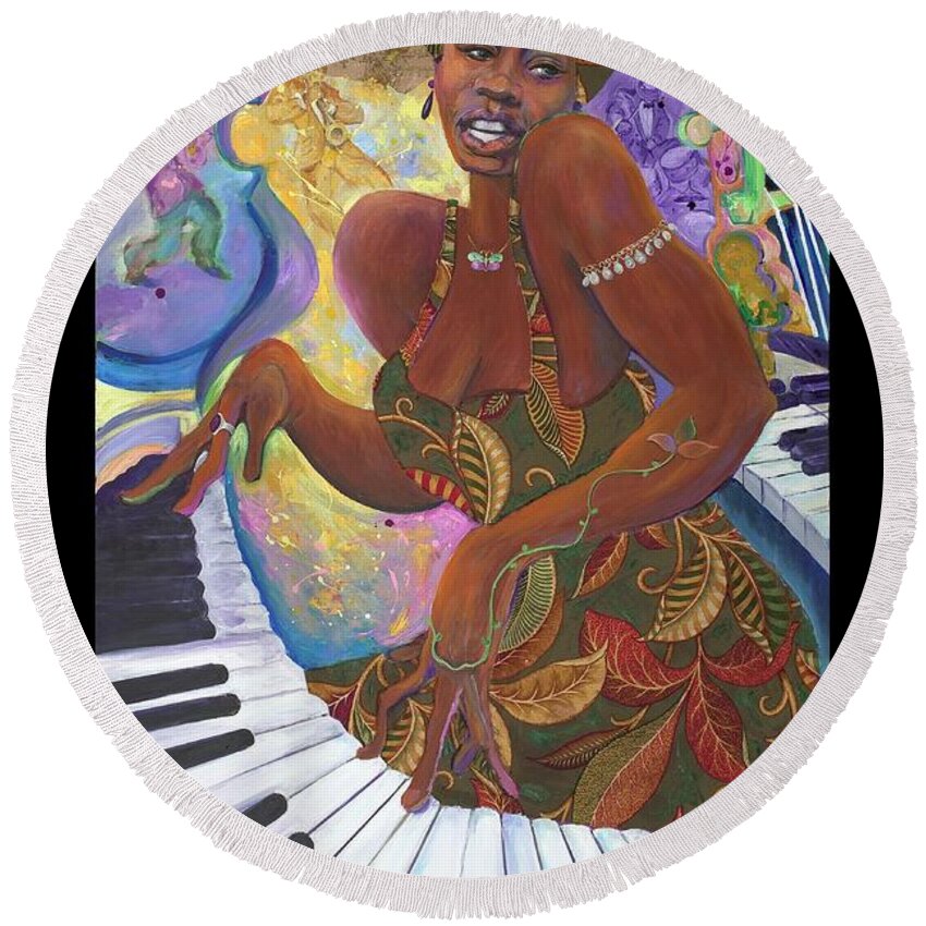 Jazz Round Beach Towel featuring the painting Nina Simone by Lee Ransaw