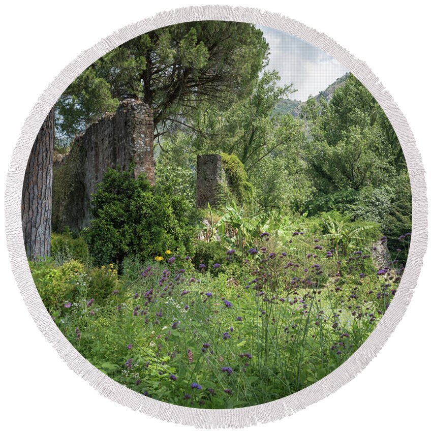 Ninfa Round Beach Towel featuring the photograph Ninfa Garden, Rome Italy 4 by Perry Rodriguez