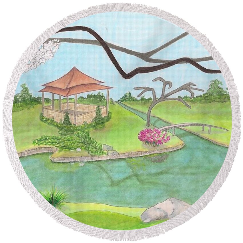 Garden Round Beach Towel featuring the drawing Nitobe Memorial Garden by Jayne Somogy
