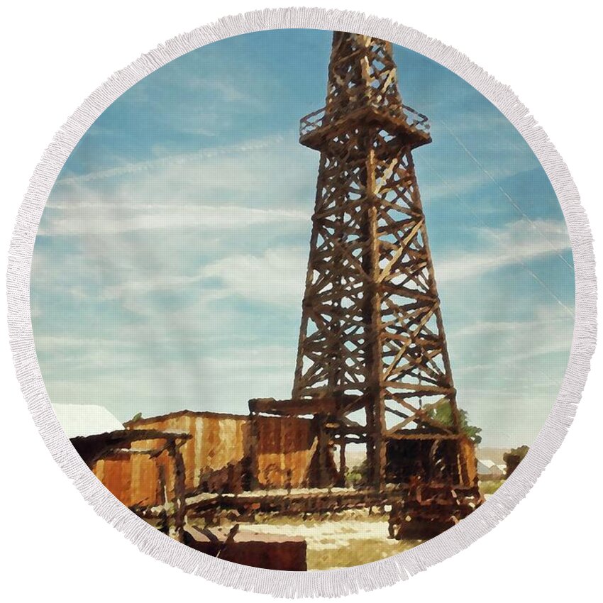 Oil Derrick Antique Vehicles Round Beach Towel featuring the photograph No. 17 by Timothy Bulone
