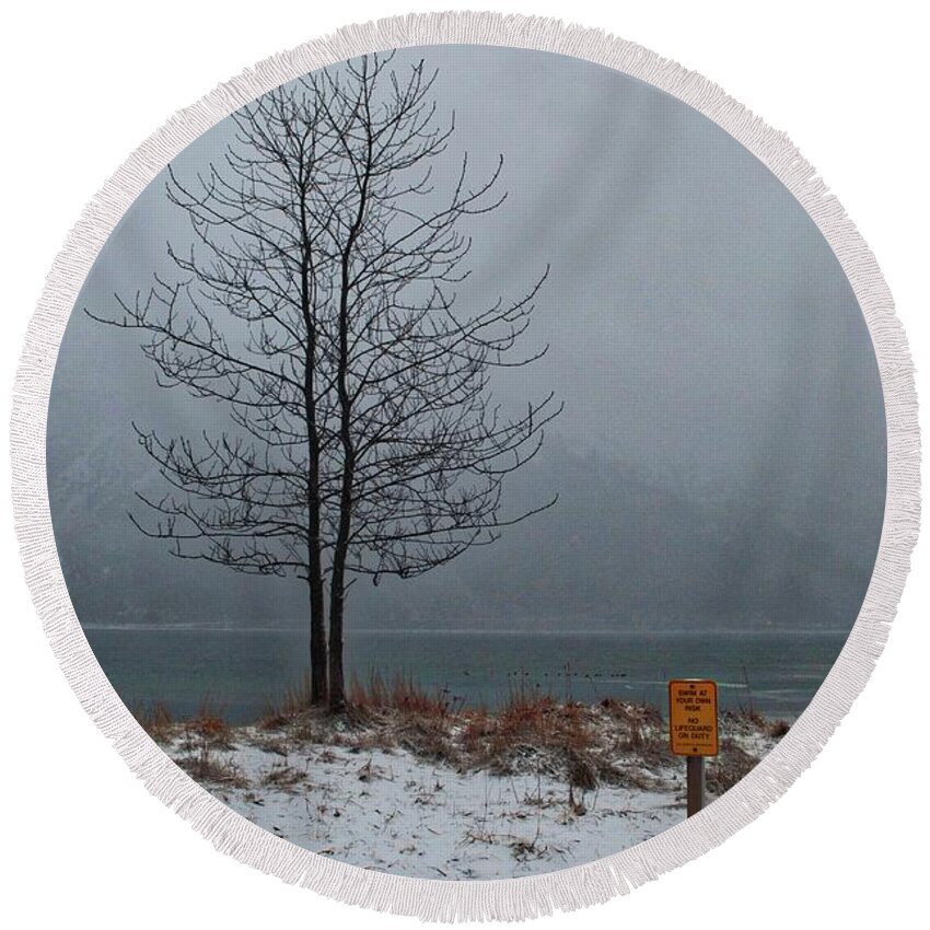 Snow Round Beach Towel featuring the photograph No Lifeguard on Duty by Cathy Mahnke