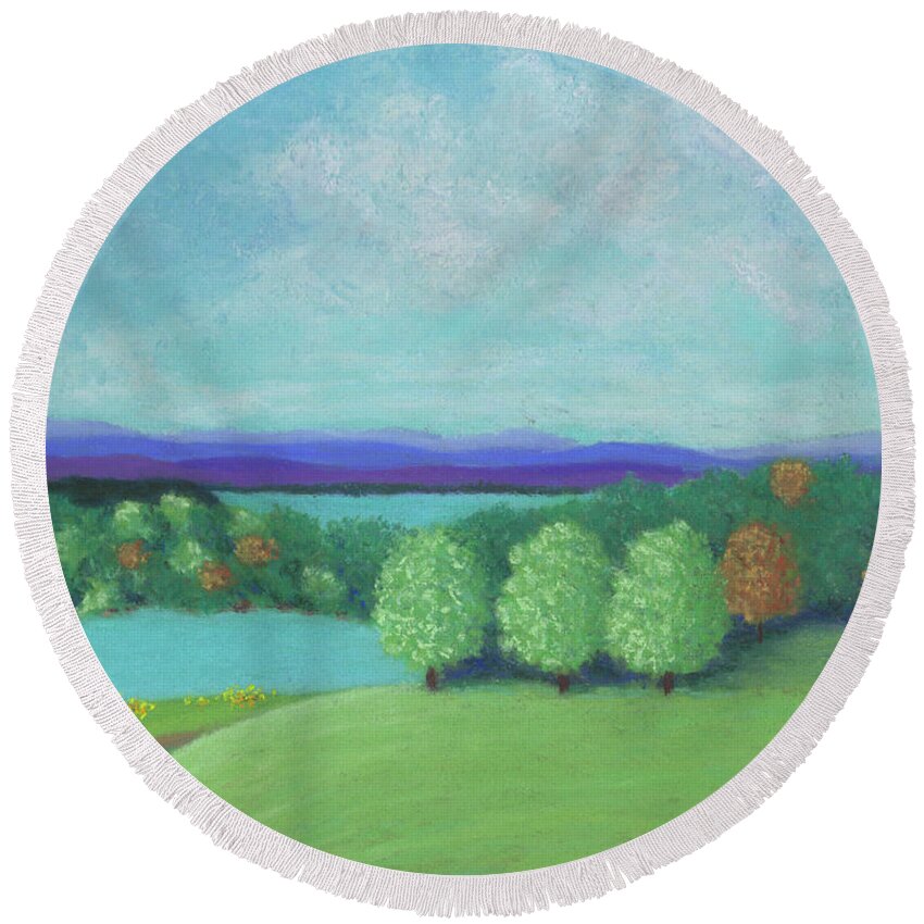 Olana Overlook Round Beach Towel featuring the pastel No Wonder He Lived Here by Anne Katzeff