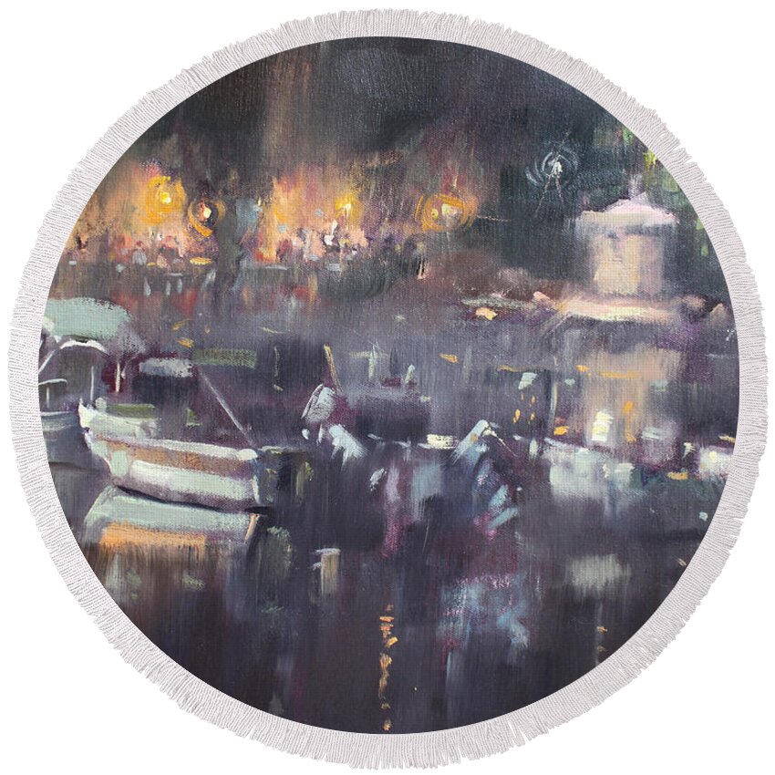 Nocturne Round Beach Towel featuring the painting Nocturne at Dilesi Beach by Ylli Haruni