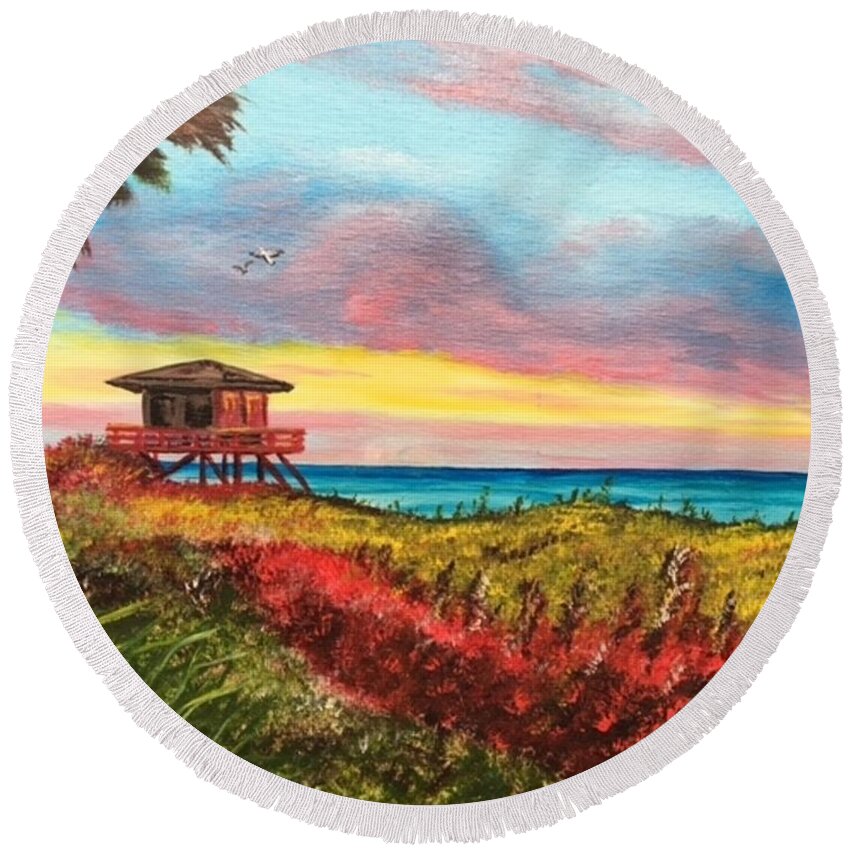 Nokomis Round Beach Towel featuring the painting Nokomis Florida Beach At Sunset by Lloyd Dobson