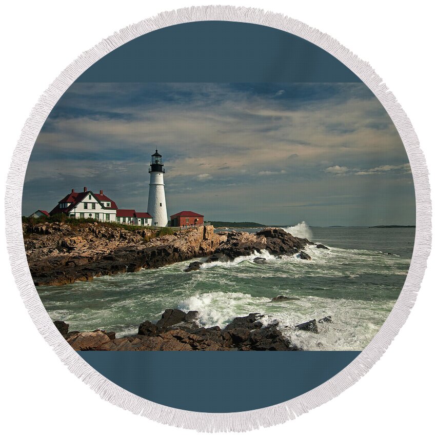 Portland Headlight Round Beach Towel featuring the photograph Nor-Easter by Paul Mangold