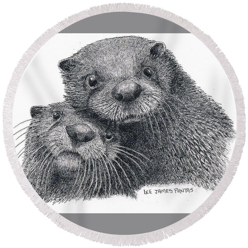 Otter Round Beach Towel featuring the drawing North American River Otters by Lee Pantas