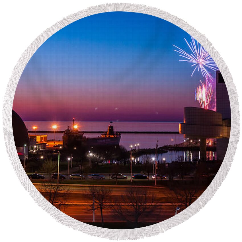 Buildings Round Beach Towel featuring the photograph North Coast Harbor by Stewart Helberg
