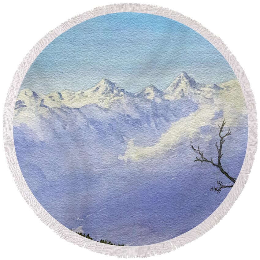Himalayan Landscape Round Beach Towel featuring the painting North from Kais Dhar by Mayank M M Reid