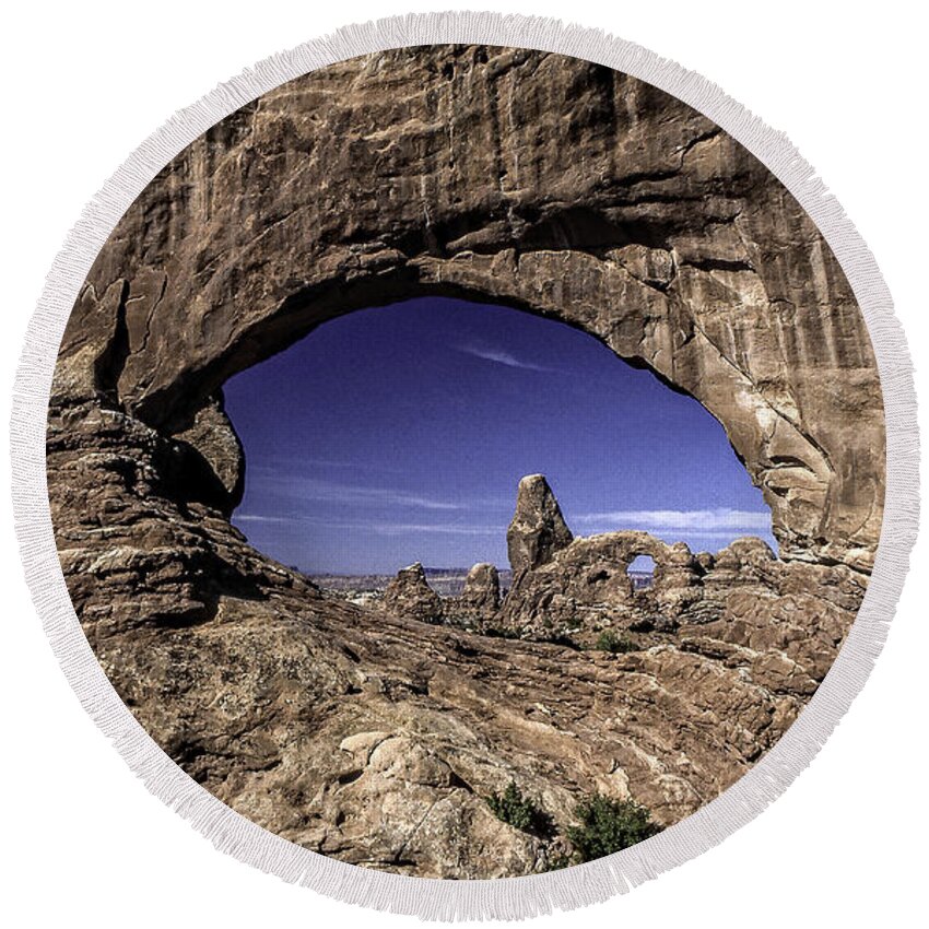 Utah Round Beach Towel featuring the photograph North Window, Arches by Gary Shepard