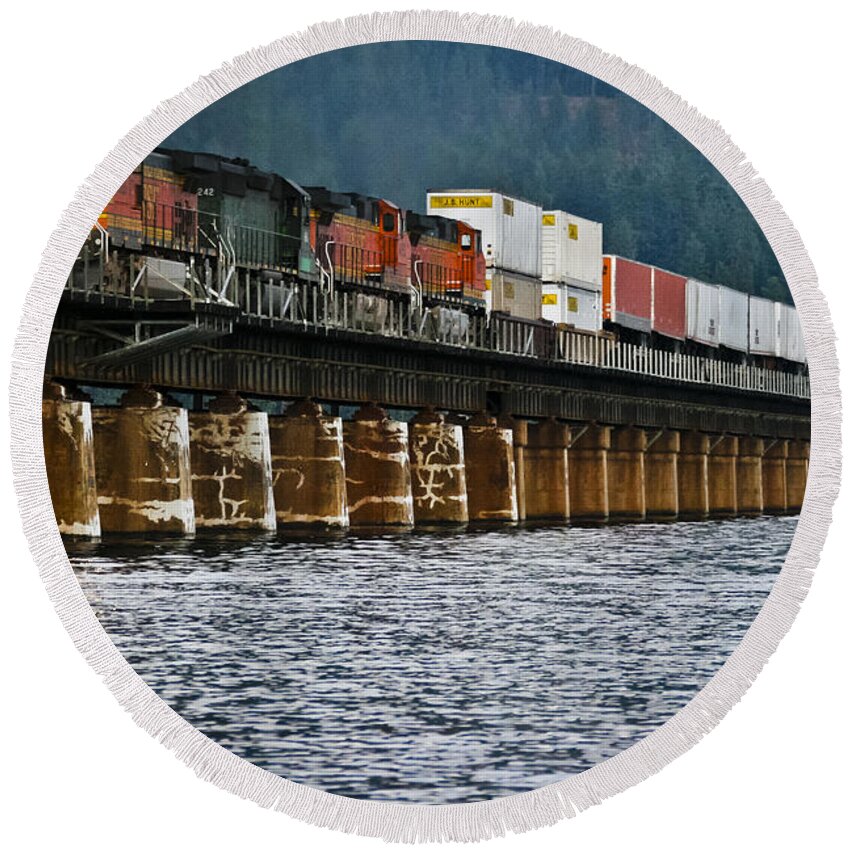 Train Round Beach Towel featuring the photograph Northbound at Dusk by Albert Seger