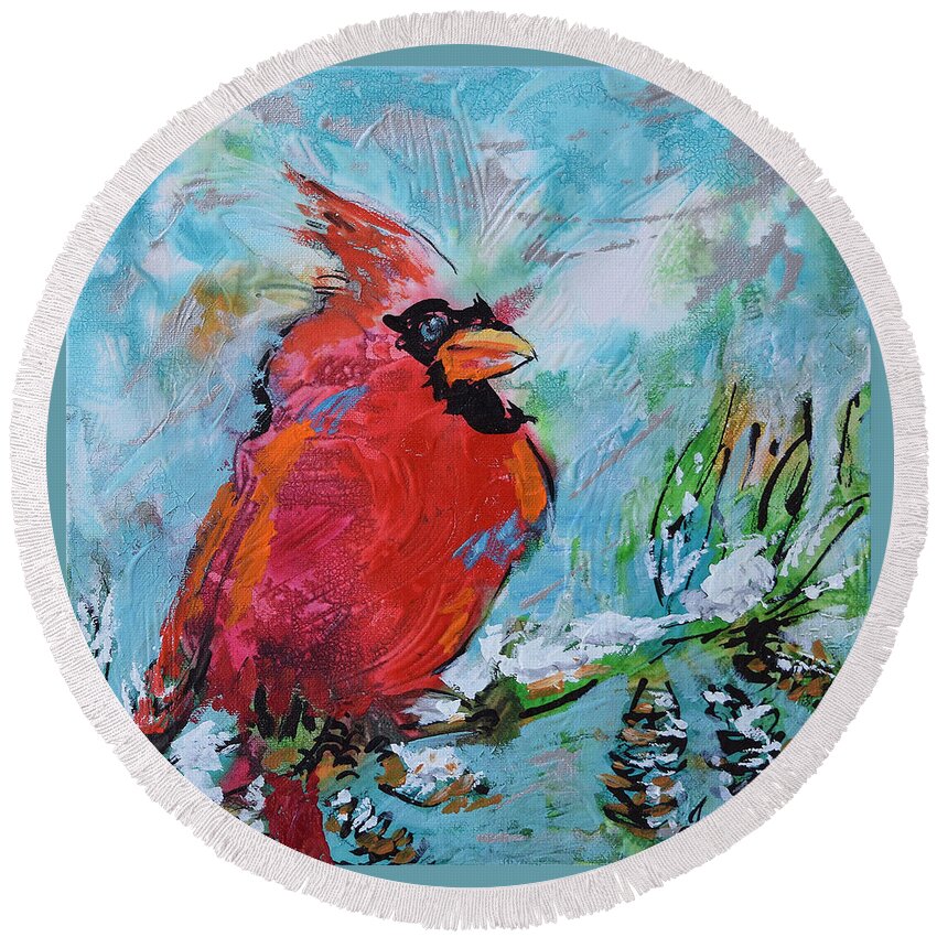 Cardinal Round Beach Towel featuring the painting Northern Cardinal by Jyotika Shroff