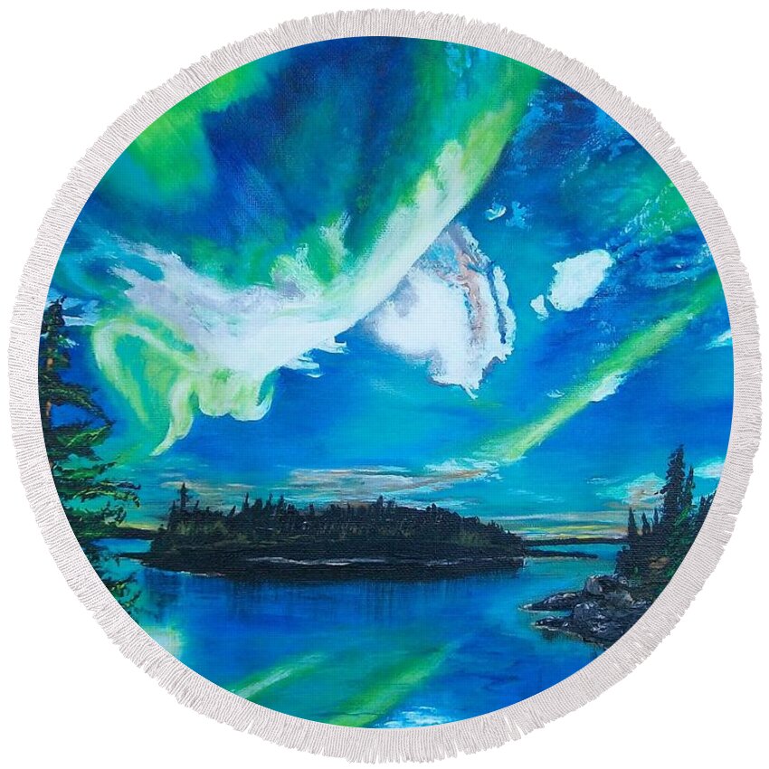 Northern Lights Round Beach Towel featuring the painting Northern Lights by Sharon Duguay