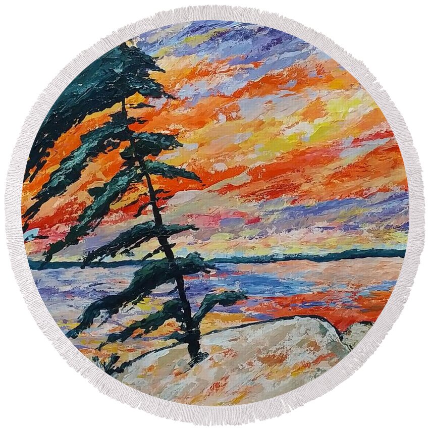 Sunset Round Beach Towel featuring the painting Northern Ontario by Lynne McQueen