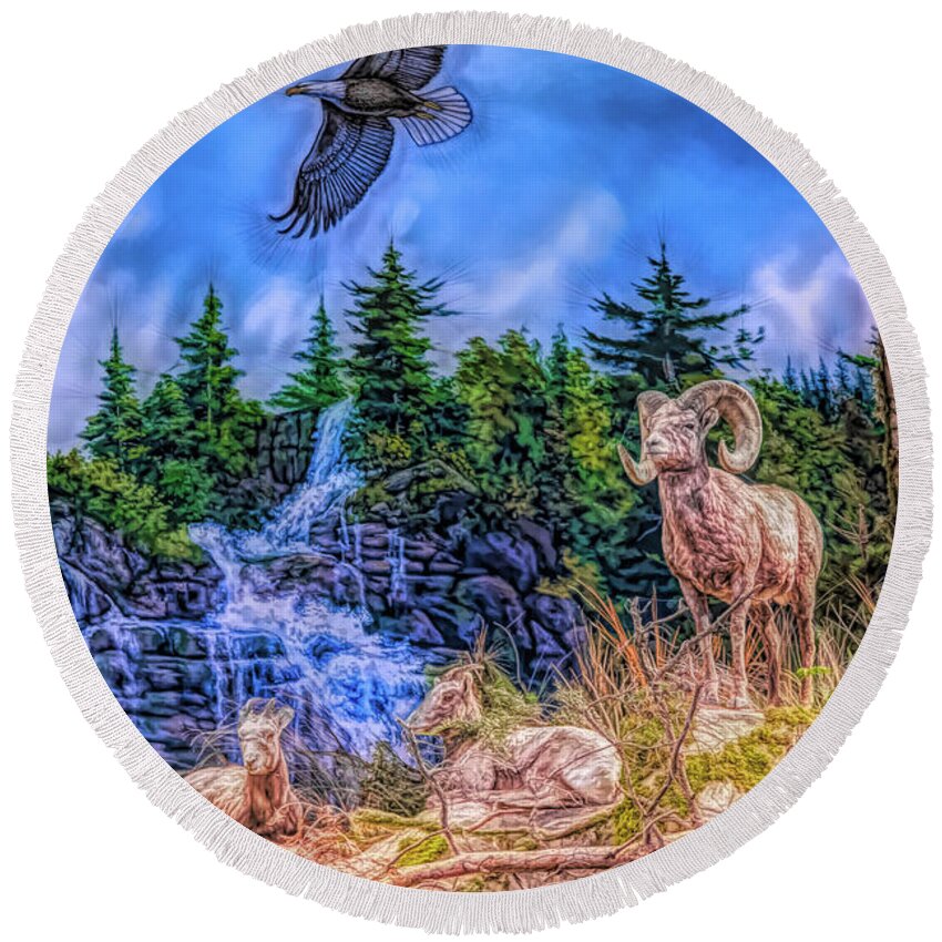 Animal Round Beach Towel featuring the digital art Northern Wilderness by Ray Shiu