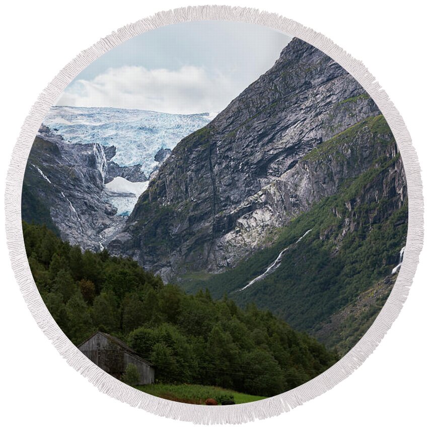 Jostedalsbreen Norway Round Beach Towel featuring the photograph Norway Glacier Jostedalsbreen by Andy Myatt