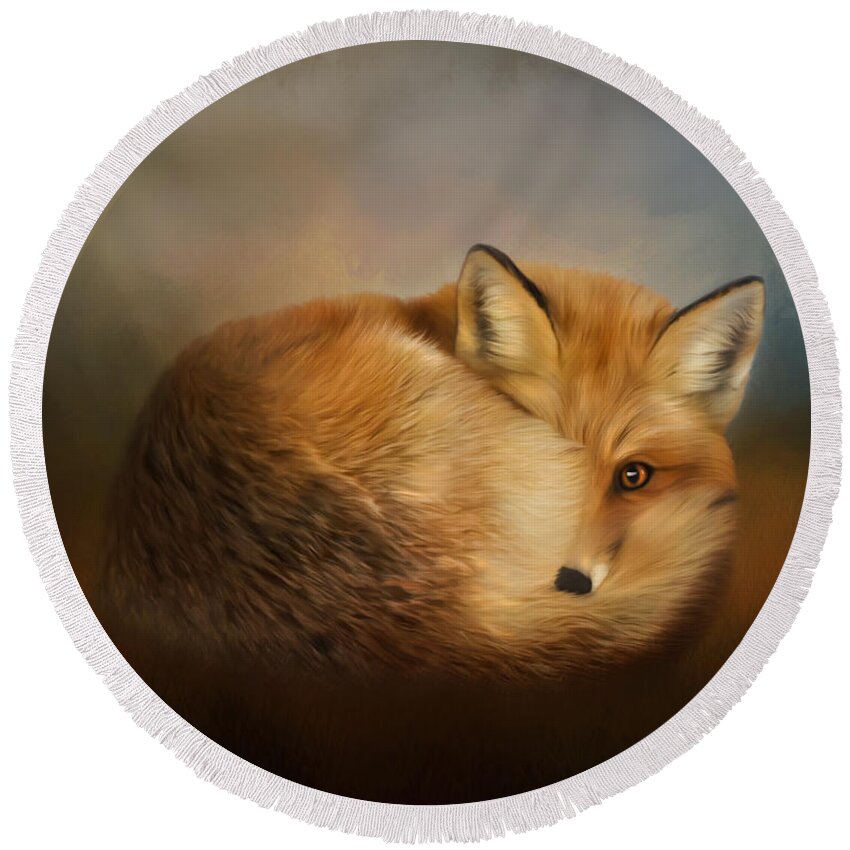 Not Alone Round Beach Towel featuring the painting Not Alone - Fox Art by Jordan Blackstone