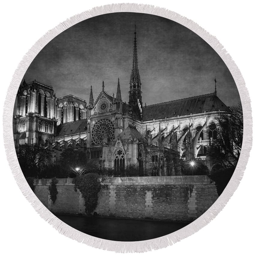 Paris Round Beach Towel featuring the photograph Notre Dame on the Seine BW by Joan Carroll