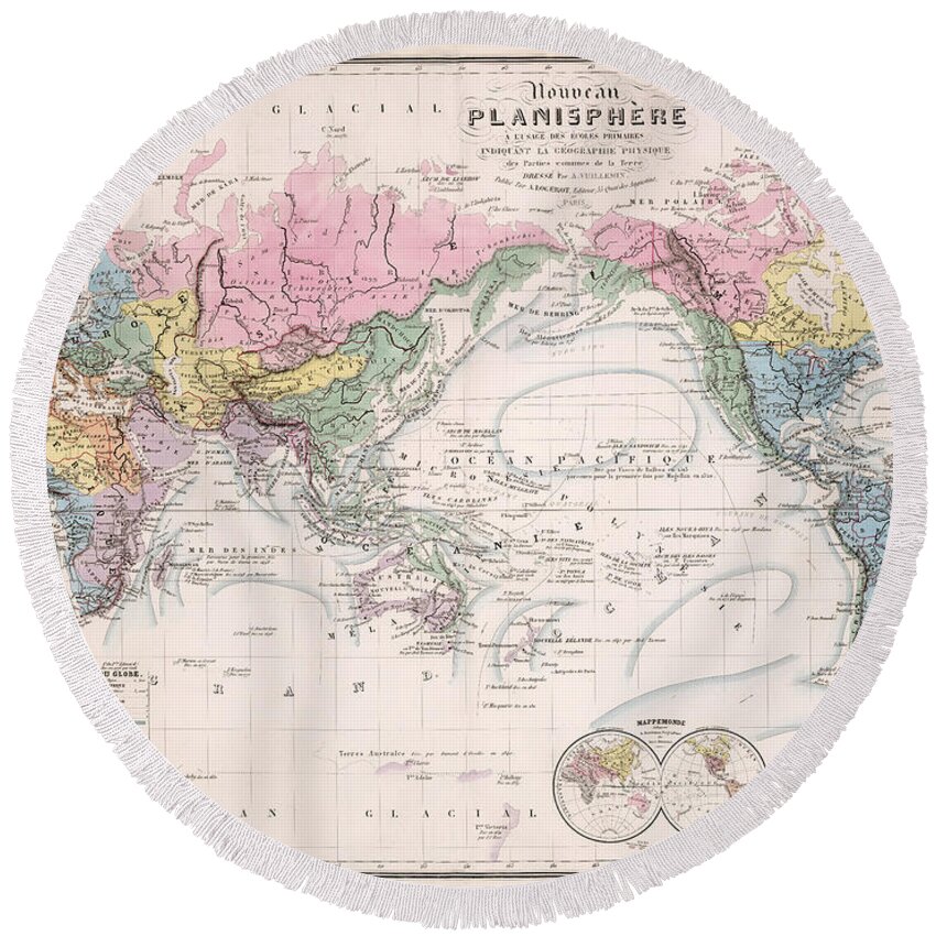 Map Of The World Round Beach Towel featuring the drawing Nouveau Planisphere - Map of the World - Geographical and Physical Map by Studio Grafiikka