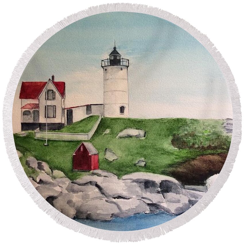 Nubble Lighthouse Round Beach Towel featuring the painting Nubble Lighthouse by Ellen Canfield