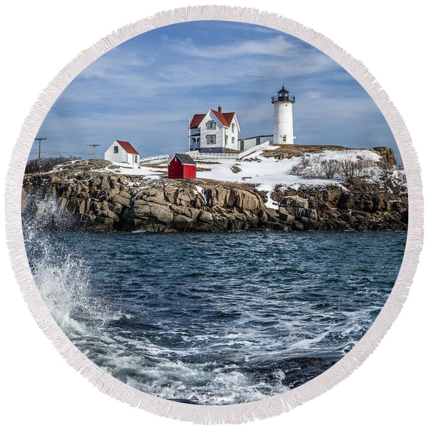 Lighthouse Round Beach Towel featuring the photograph Nubble Lighthouse Winter by Gary Shepard