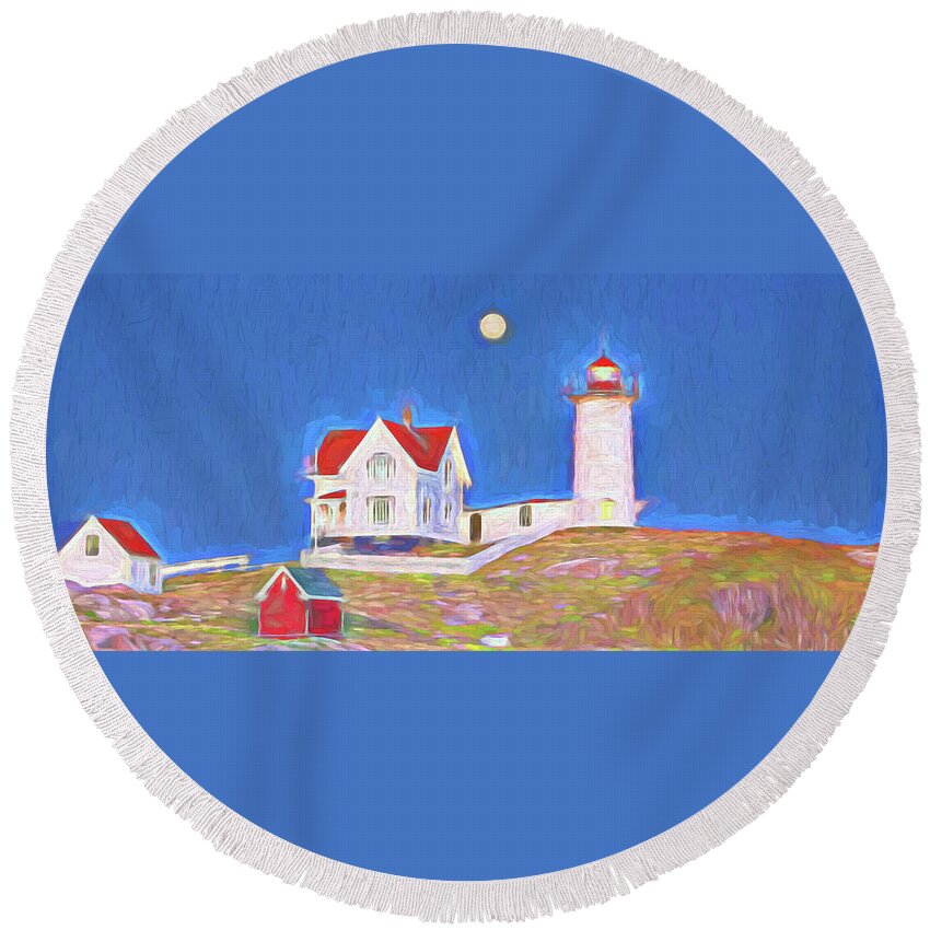 Vacationland Round Beach Towel featuring the digital art Nubble Lighthouse with Moon by David Smith
