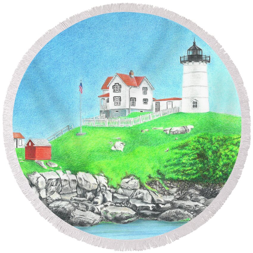 Nubble Lighthouse Round Beach Towel featuring the drawing Nubble by Troy Levesque