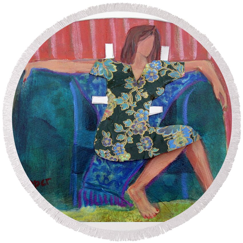 Paper Doll Dress Covering Nude In Big Green Chair Round Beach Towel featuring the painting Nude in Paper Doll Dress by Betty Pieper
