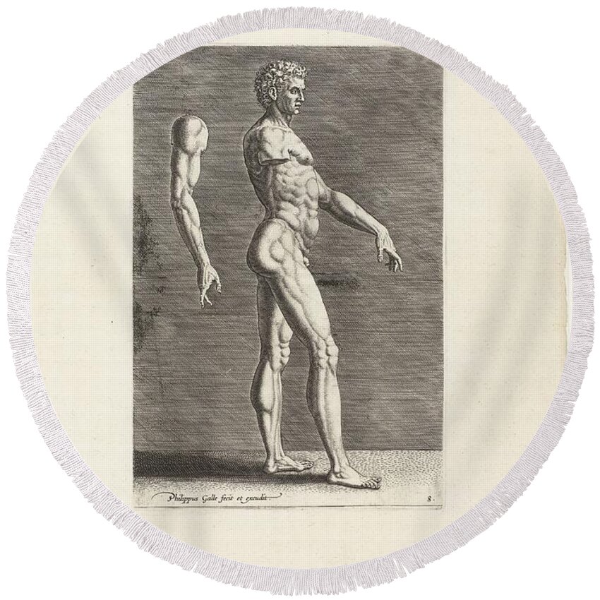 Nude Round Beach Towel featuring the drawing Anatomical drawing of Nude man walking to the right by Vintage Collectables