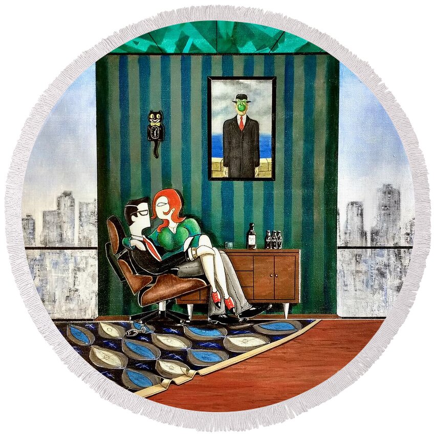 John Lyes Round Beach Towel featuring the painting Executive Sitting in Chair with Girl Friday by John Lyes