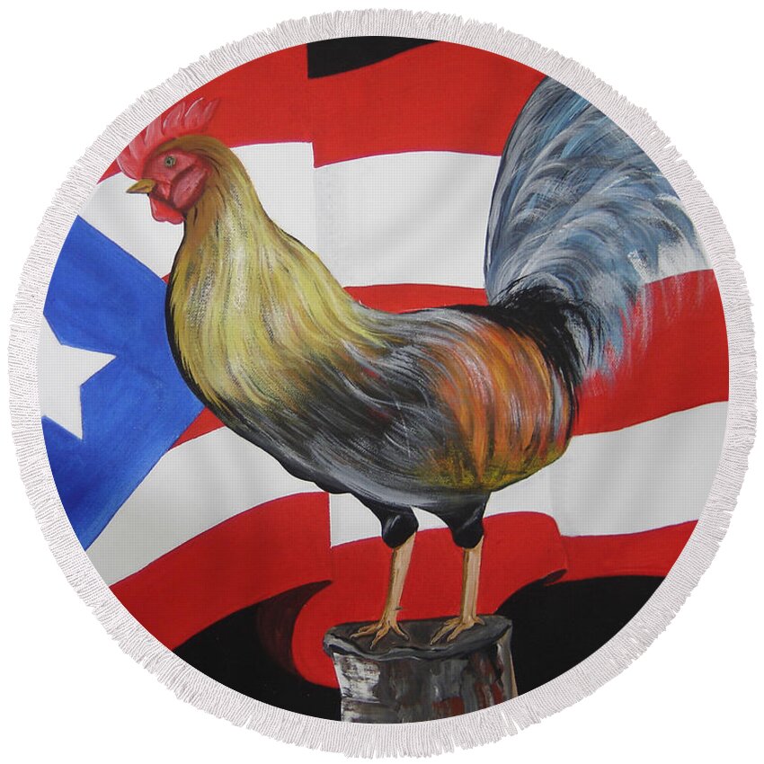 Rooster In Island Of Puerto Rico Round Beach Towel featuring the painting Nuestro Orgullo meaning Our Pride by Gloria E Barreto-Rodriguez