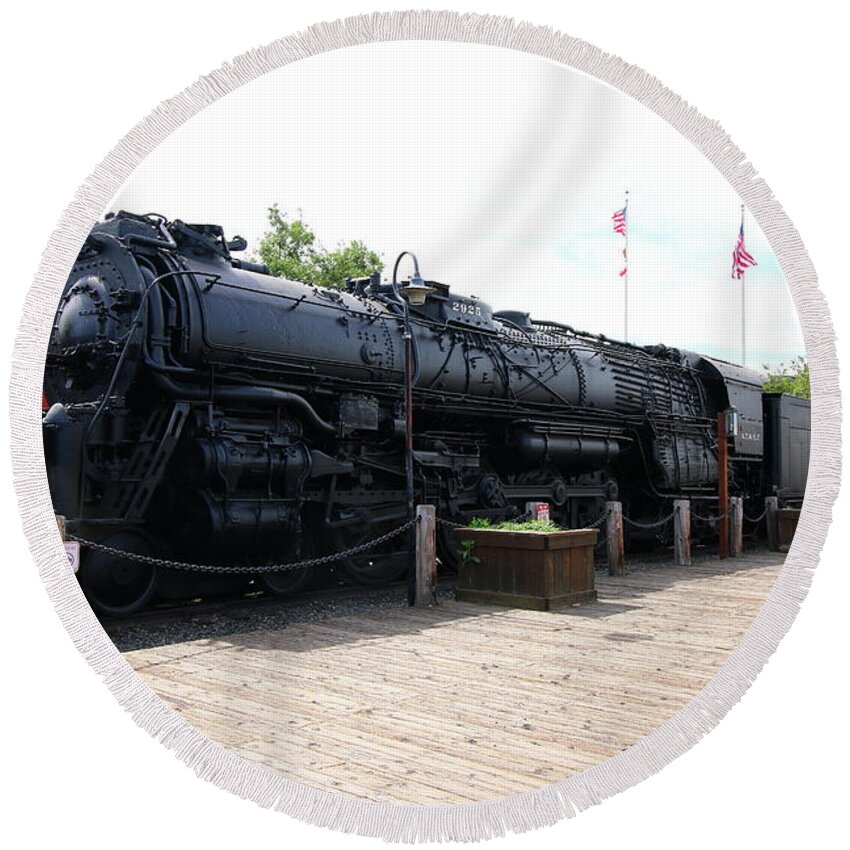 Locomotive Round Beach Towel featuring the photograph Number 5021 Old Town Sacramento Santa Fe Steam Locomitive Engine by Christiane Schulze Art And Photography