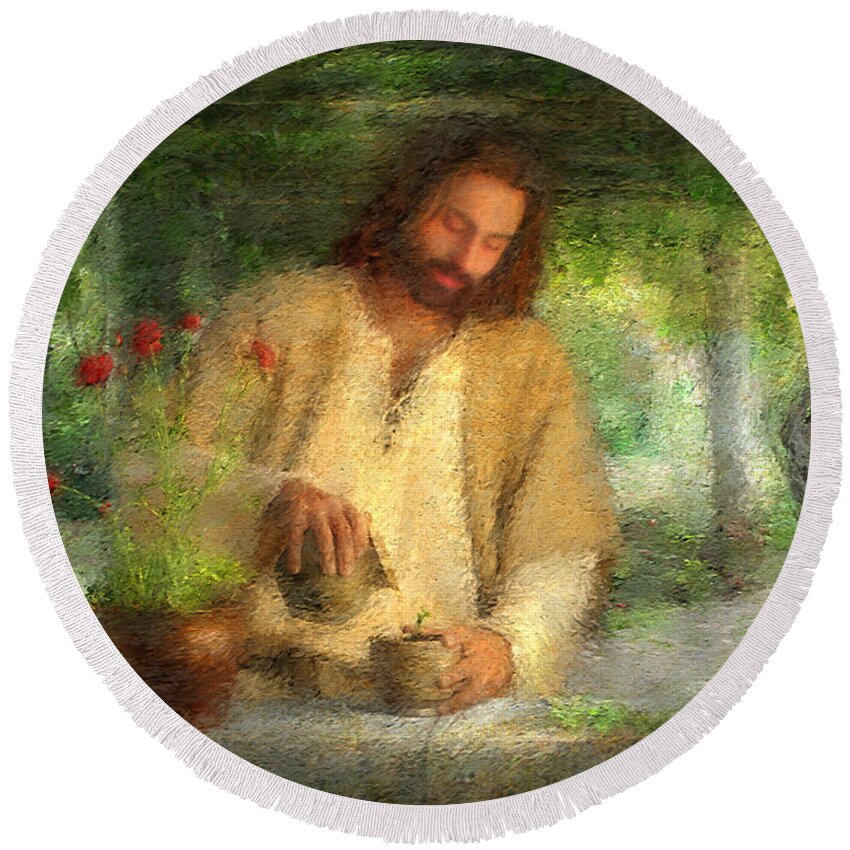 Jesus Round Beach Towel featuring the painting Nurtured by the Word by Greg Olsen