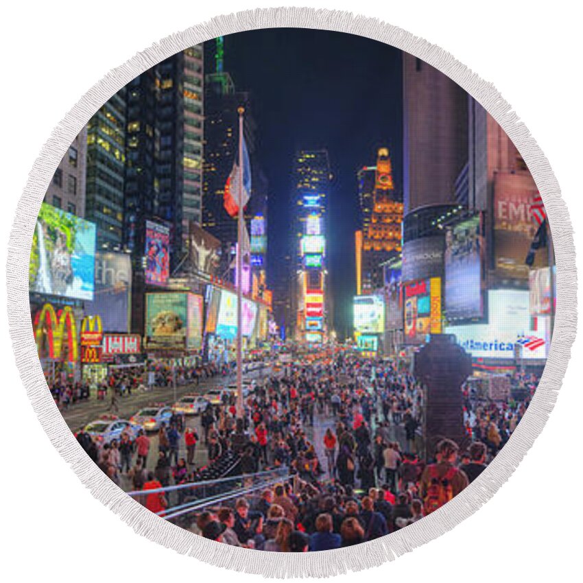 Art Round Beach Towel featuring the photograph NYC Times Square Panorama by Yhun Suarez