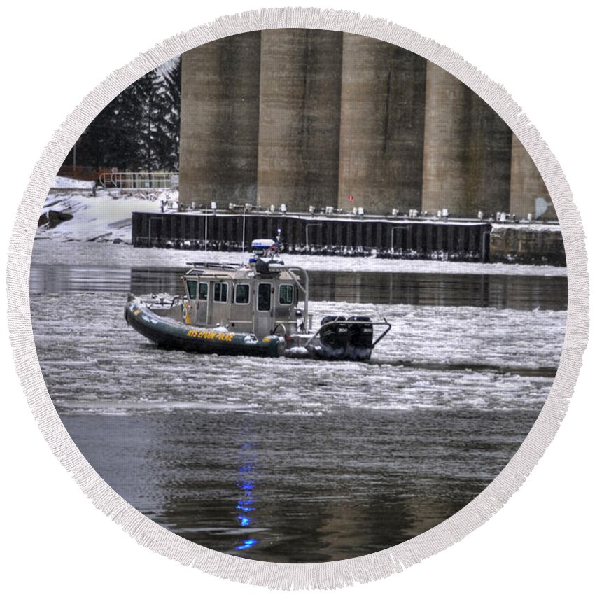 Buffalo Round Beach Towel featuring the photograph NYS POLICE on ICE by Michael Frank Jr