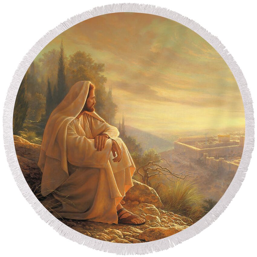 Esus Round Beach Towel featuring the painting O Jerusalem by Greg Olsen