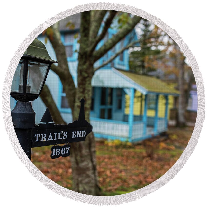 Oak Round Beach Towel featuring the photograph Oak Bluffs Cottages Trail's End Sign Lat Autumn Fall Martha's Vineyard Cape Cod by Toby McGuire