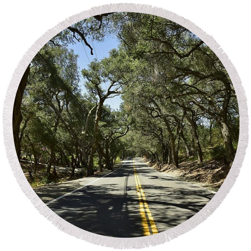 Linda Brody Round Beach Towel featuring the photograph Oak Trees Along Live Oak Canyon Road by Linda Brody
