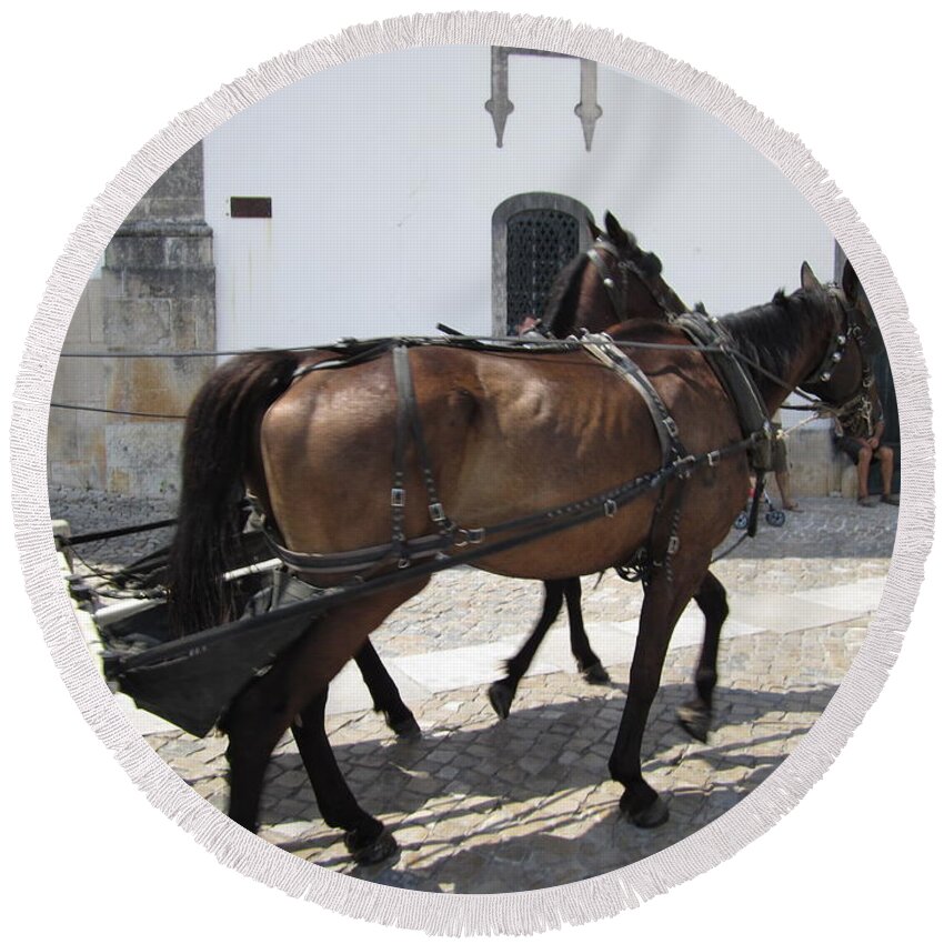 Obidos Round Beach Towel featuring the photograph Obidos Horses Portugal by John Shiron