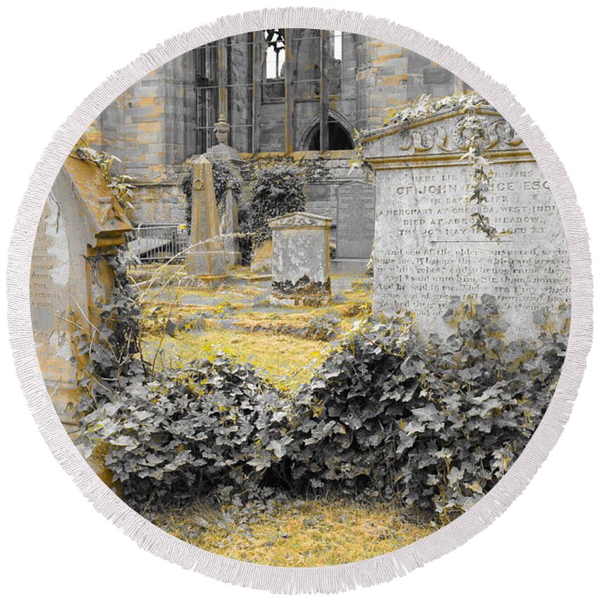 Ruins Of Melrose Abbey Round Beach Towel featuring the photograph Oblivion. Ivy and Golden Lichen by Elena Perelman
