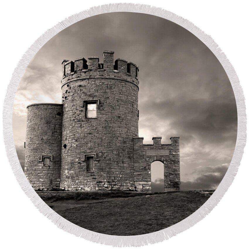 O'brien's Tower Round Beach Towel featuring the photograph O'Brien's Tower at the Cliffs of moher Ireland by Pierre Leclerc Photography